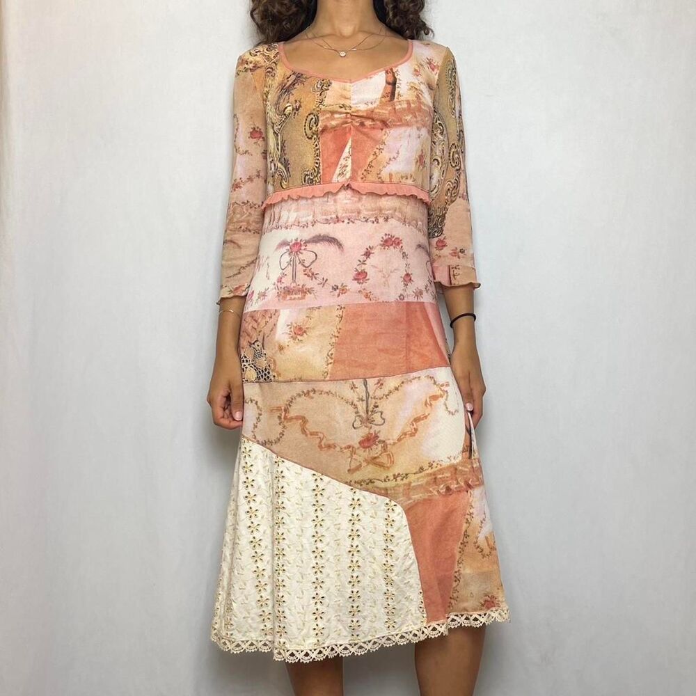 Euro vintage Y2K patchwork mesh & lace ruffle midi dress by Koan